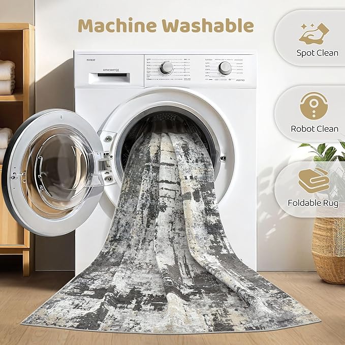 8x10 Area Rugs Living Room: Washable Large Abstract Modern Soft Rug Stain Resistant Indoor Floor Non Slip Accent Carpet for Bedroom Nursery Playroom Dining Room Office Dorm Home House- Black Gold