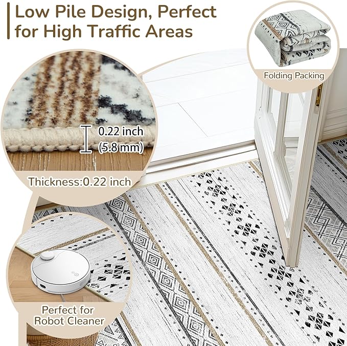 BESTSWEETIE 9x12 Area Rugs for Living Room Washable Moroccan Farmhouse Neutral Geometric Low Pile Non-Slip Soft Print Pattern Rug for Bedroom Kitchen Dining Room Entryway Black/Brown