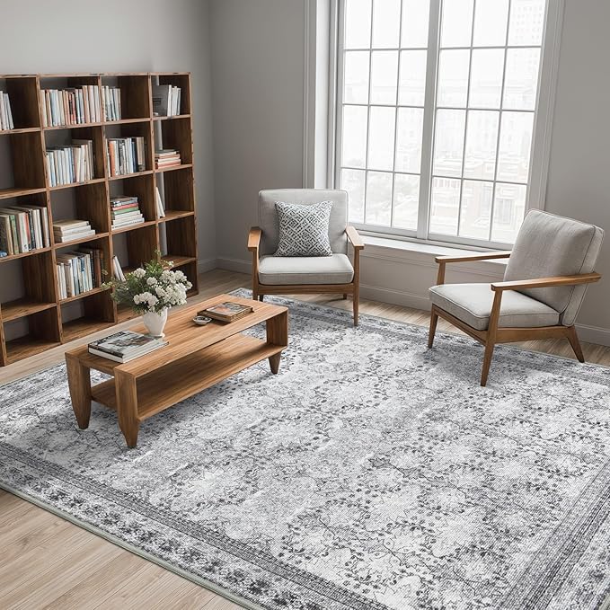 6x9 Washable Area Rug Non Slip, Faded Grey Living Room Rugs Low Pile, Thin Vintage Floral Carpets, Indoor Large Distressed Print Carpet for Bedroom Dining Room Farmhouse Home Office College Dorm