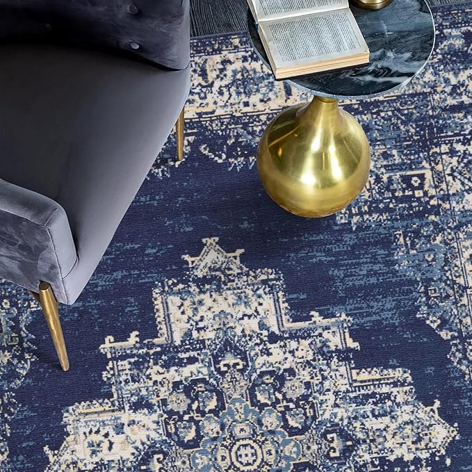 vivorug 4x6 Rug, Small Area Rug for Living Room, Bedroom, Kitchen, Machine Washable Non-Slip Throw Rug, Vintage Carpet for Entryway Nursery Coffee Table - Durable (Navy Blue)