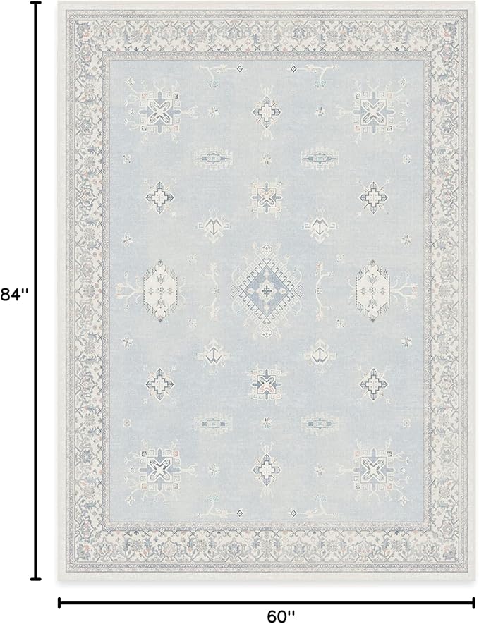 RUGGABLE Washable Vintage Area Rug – Verena Soft Blue 5x7, Stain-Resistant, Non-Slip – Medium Machine Washable Rugs for Living Room, Bedroom, Hallway, Entryway & Office–with Standard Pad
