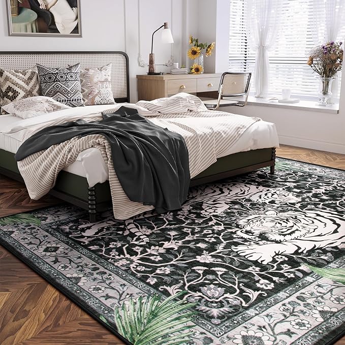 Moynesa Tiger 8x10 Area Rug, Washable Boho Rugs for Living Room, Vintage Large Soft Dining Room Rug, Non Slip Ultra Thin Stain Resistant Floor Carpet for Home Office Bedroom, Black