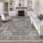 9x12 Vintage Area Rug Black Grey Living Room Bedroom Washable Carpet Non-Slip Soft Low Pile Distressed Indoor Large Throw Rug for Dining Room Office