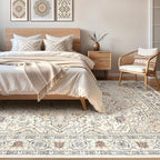 8x10 Area Rugs Living Room: Washable Boho Large Neutral Vintage Soft Rug Stain Resistant Farmhouse Non Slip Indoor Floor Carpet for Bedroom Nursery Kids Playroom Office Dining Room- Cream Blue