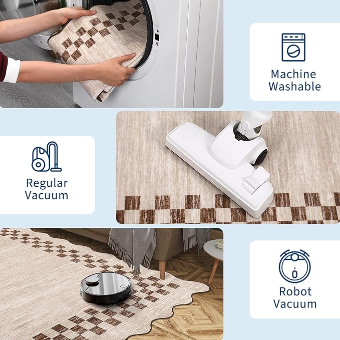 GarveeHome Washable Rug 5x7 for Living Room Large Bedroom Scalloped Rug Non Slip Stain Resistant Modern Border Throw Carpet Soft Boho Rug for Dining Room Nursery Home Office, Beige