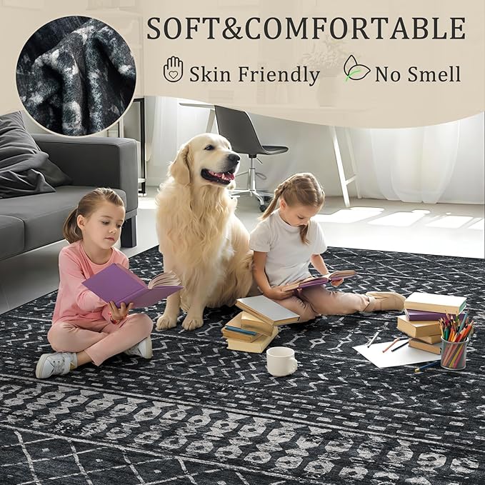5x7 Machine Washable Area Rug for Living Room, Black Vintage Moroccan Rug Large Non-Slip Low Pile Soft Faux Wool Carpet, Kids and Pets Friendly for Bedroom Dining Room Farmhouse Home Decor Rug