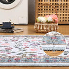 GarveeHome Washable Rug 6 x 9, Low Pile Farmhouse Floral Rug, Non-Shedding Indoor Foldable Printed Carpet Non-Slip Soft Vintage Throw for Bedroom Dining Room Kitchen, Light Blue