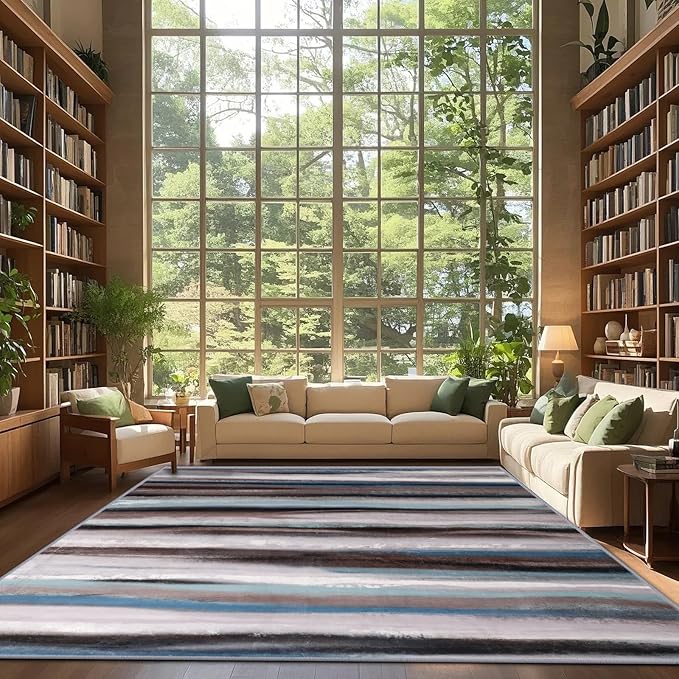 Abstract 5x7 Area Rug, Modern Stripe Pattern Teal Rugs for Living Room, Washable Soft Large Non-Slip Floor Carpet for Dining Room Office Bedroom - Blue/Brown/Multi
