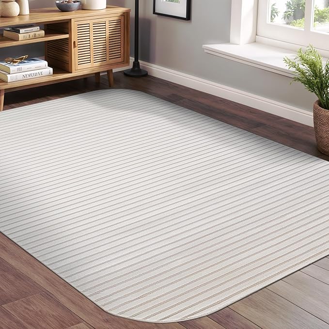 Beverly Rug Modern Geometric Area Rug 8x10 Low-High Pile Durable Soft Abstract Striped Indoor Rugs for Living Dining Room Office Stain Resistant Non Shedding Casual Indoor Carpet Beige White 8 x 10