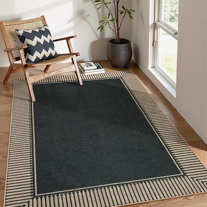 Moynesa Striped Border Easy Jute Outdoor Rug 4x6, Washable Indoor Outdoor Patio Area Rugs for Balcony Backyard Non Slip, Modern Classic Farmhouse Carpet for Living Room, Black