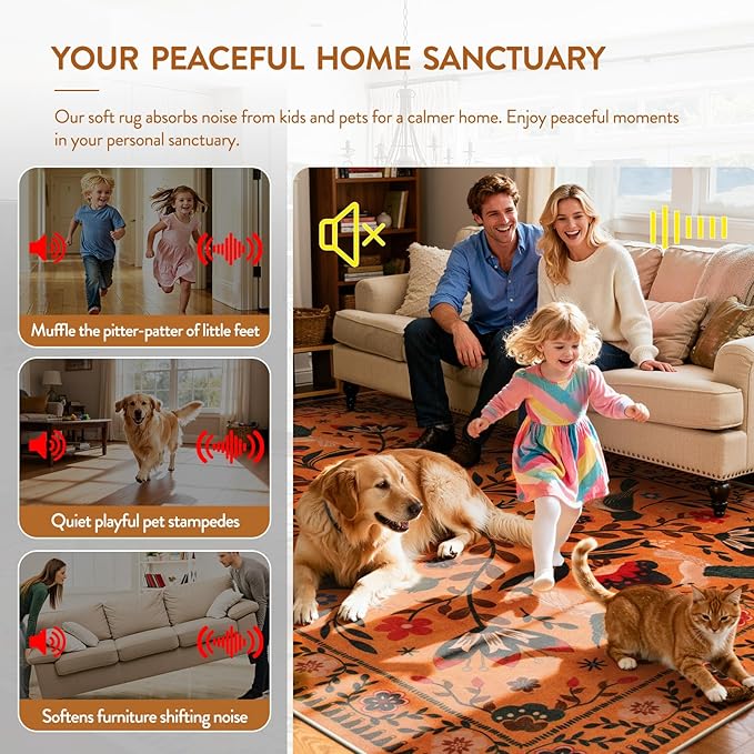 Moynesa Bedroom Rug 5x7, Washable Bohemian Scandinavian Orange Area Rugs for Living Room Dining Room Reading Coner, Modern Country Floral Bird Carpet, Fall Home Decor Non-Slip Protection