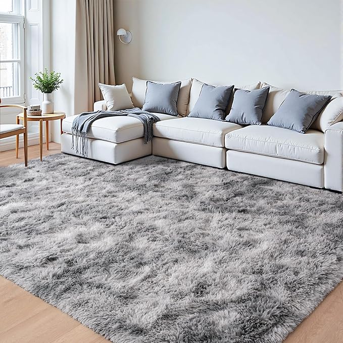 Beglad Fluffy Large Area Rugs 6x9 Feet, Modern Minimalist Style Shag Fuzzy Rugs, Non-Slip Indoor Carpet Soft Rugs for Kids Room, Bedroom & Living Room, Tie-Dyed Light Grey
