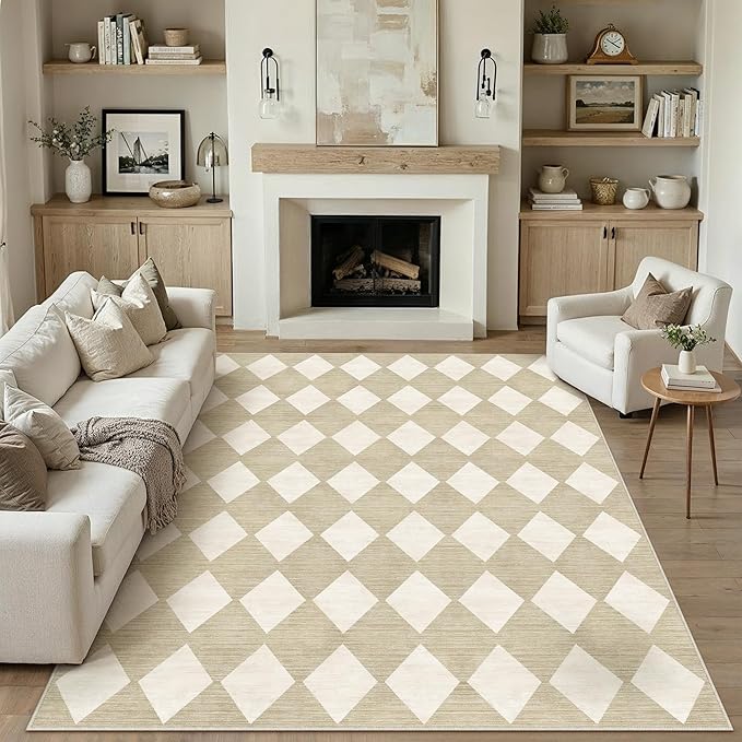 9x12 Checkered Area Rugs for Living Room Beige Machine Washable Large Rug Non-Slip Stain Resistant Low Pile Boho Accent Indoor Throw Carpet for Bedroom Dining Room Home Aesthetic Decor