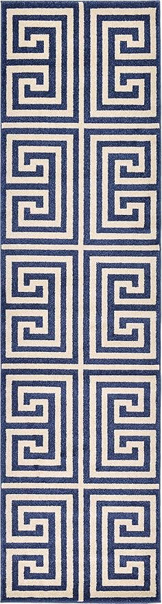 Unique Loom Athens Collection Classic Geometric Modern Border Design Area Rug (2' 7 x 10' 0 Runner, Navy Blue/ Beige)