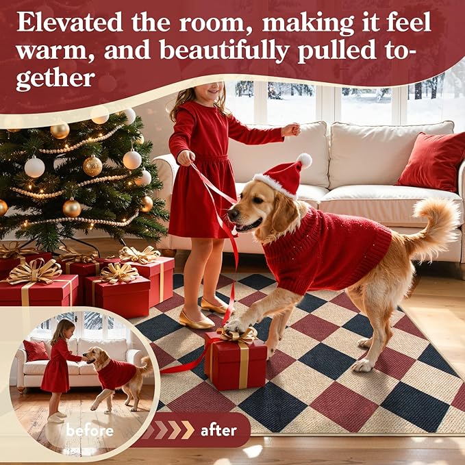 Lahome Christmas Outdoor Rug, 3x5 Outdoor Christmas Decor Rugs for Entryway Front Door Indoor Outdoor Plaid Carpet, Checkered Red and Black Non Shedding Carpet for Patio Porch