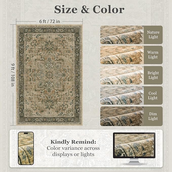 Moody 6x9 Area Rugs for Living Room, Low Pile Thin Washable Non Slip Rugs for Bedroom Dining Room, Vintage Medallion Distressed Carpet for Home Office Guest Room, Multi Brown/Slate Green