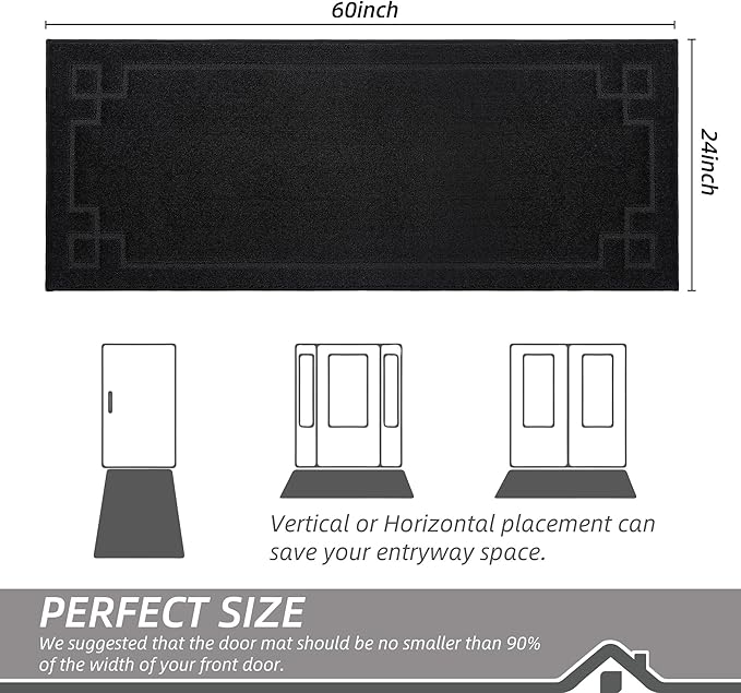 BEQHAUSE Door Mat 24" x 60", Non-Slip Door Mats Indoor Entryway Rugs Washable Low-Profile Absorbent and Stain Resist Floor Mats, Dog Door Mat for Front Back Door, Muddy Wet Shoes & Paws, Black