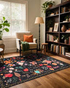Boho Washable Area Rug 4x6 – Floral Low Pile Non-Slip Carpet for Living Room, Bedroom, Office, Playroom, Entryway, Kitchen, Dining Room (Black)