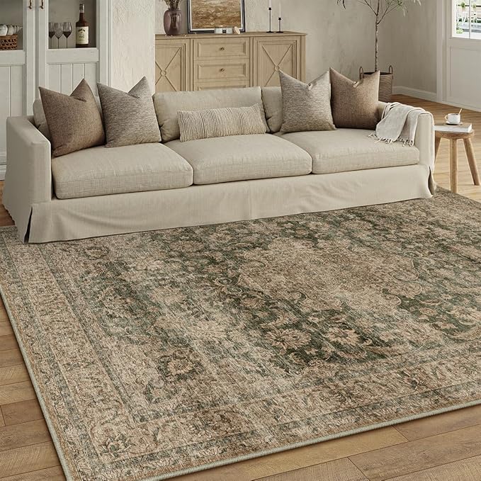 8x10 Washable Vintage Area Rug Green Brown Living Room Bedroom Carpet Non-Slip Soft Low Pile Distressed Indoor Large Throw Rug for Dining Room Office