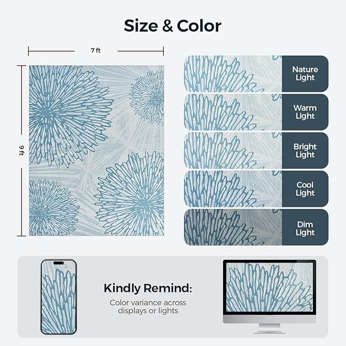 WITSHOCK 7x9 Washable Rug for Living Room,Modern Floral Distress Print Pattern Area Rugs,Stain Resistant with Non Slip Backing Carpet for Dining Room,Bedroom & Home Decor,Blue/Light Blue