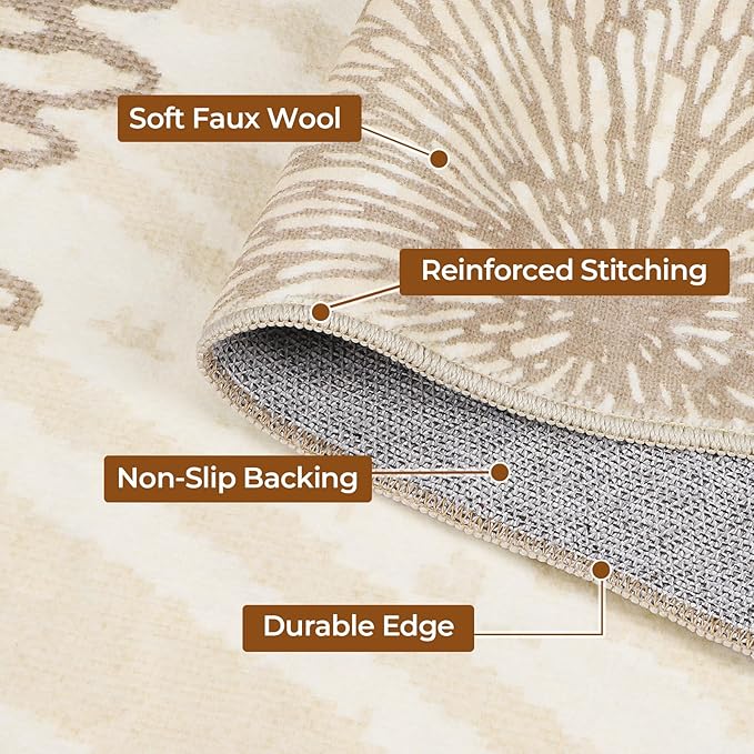 WITSHOCK 9x12 Area Rugs for Living Room: Beige Floral Washable Rugs for Bedroom Dining Room Office Nursery Modern Non-Slip Stain Resistant Low Pile Home Decor（Beige/Brown,9'x12'）