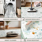 Cream Green and Blue 2x4 Boho Bathroom Rug - Oushak Floral Pastel, Washable Low Pile Non Slip with Rubber Backing Stain Resistant Entryway Rugs Indoor, Small Carpet for Kitchen, Bedroom, Laundry Room