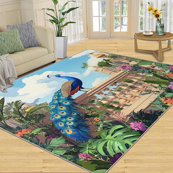 Peacock Rugs for Living Room - 4x6 Rug, Tropical Palm Leaves Area Rugs for Bedroom, Peacock Decor Rug, Floral Animal Washable Carpet, Peafowl Carpet - Peafowl Home Decor & Gifts
