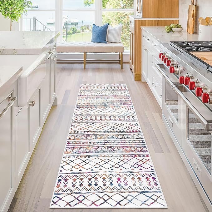 KUTA 2x6 Non-Slip Washable Runners for Hallways, Multi-Color Moroccan Boho Distressed Geometric Vintage Kitchen Runner, Ultra Soft Floor Mat for Entryway, Bathroom, Laundry, Living Room, Bedroom
