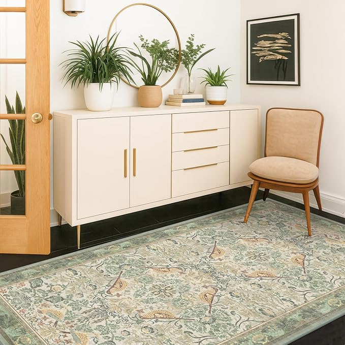 Large Entryway Rugs Indoor - 3x6 Washable Rugs for Kitchen Bedroom Beside Bed Door Mat Indoor Entrance with Beige Woodland Flowers, Non Slip Stain Resistant Low Pile