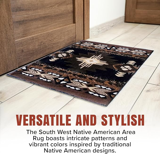 YHSF South West Native American Area Rug C318 - Easy Clean, Thick, Soft, Durable Native Tribal American Indian Inspired Rug for Bedroom/Living Room and More - Black, 2 Feet x 7 Feet