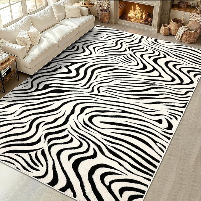 YIHOUSE 9×12 Ft Area Rugs for Living Room: Modern Washable Rug - Abstract Black and Cream White Rug for Bedroom Dining Room Office Playroom Nursery Home Decor - Nonslip Non-Shedding Striped Rugs