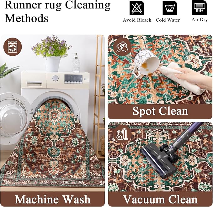 U'Artlines 3' x 10' Boho Hallway Runner Rug, Rust Non Slip Washable Vintage Farmhouse Accent Rug Carpet for Kitchen Entryway Laundry and Living Room (Rust＆Teal)