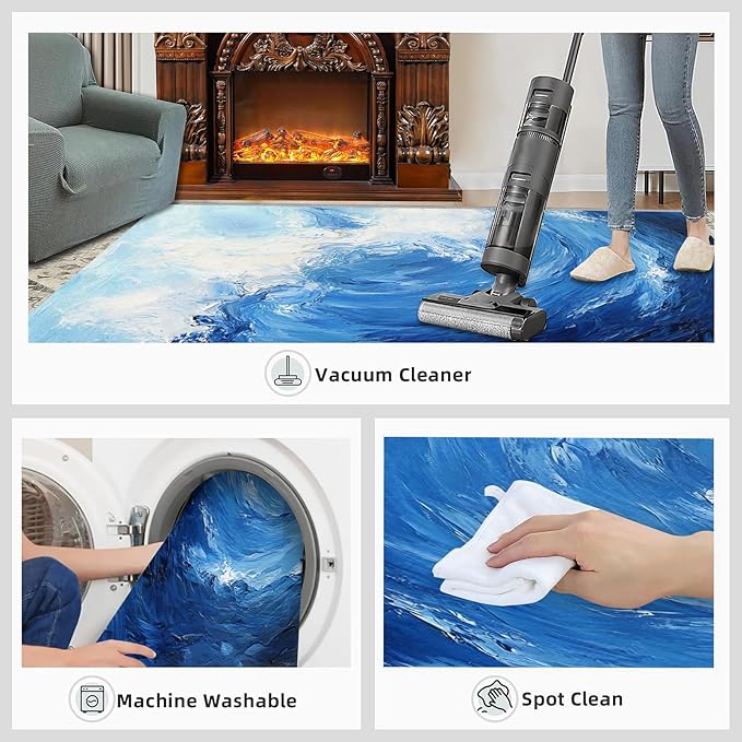 Japanese Ocean Rugs for Bedroom - 3x4 Area Rug - Ukiyo-E Ocean Waves Rugs for Living Room, Abstract Oil Painting Ocean Rug, Washable Home Decor Carpet