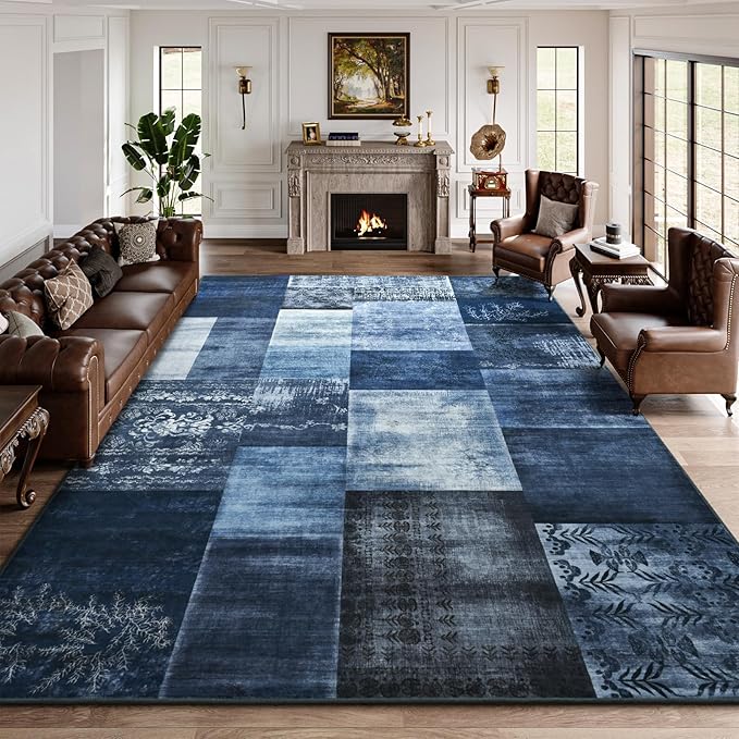 DweIke Washable Area Rugs for Living Room, 6x9 Large Bedroom Rugs, Geometric Print Non Slip Low Pile Indoor Throw Carpets for Bedroom Apartment Dining Room Home Office Hardwood Floor, Navy Blue
