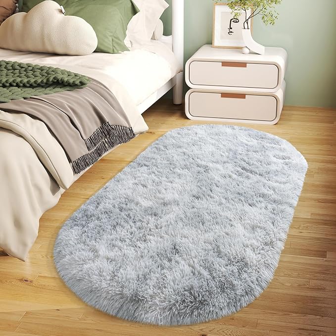 Soft Fluffy Area Rug for Bedroom, Fuzzy Shaggy Oval Throw Rugs for Bedside, Non-Slip Cozy Plush Shag Carpet for Kids Room Nursery Dorm Living Room, Tie-dye Grey, 2.6 x 5.3 Feet, 2 Packs