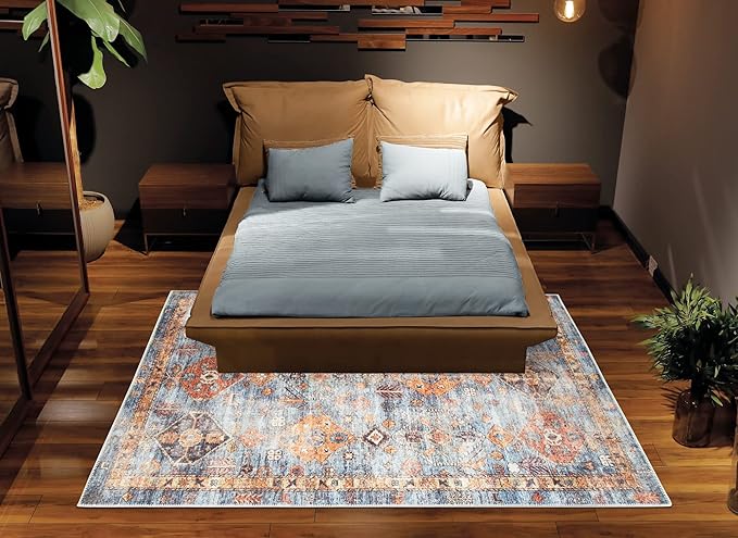 Bloom Rugs Washable Non-Slip 8' x 10' Rug - Blue/Orange Traditional Bordered Area Rug for Living Room, Bedroom, Dining Room, and Kitchen - Exact Size: 8' x 10'