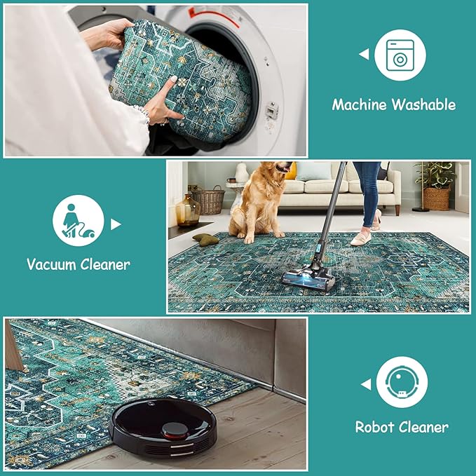 Moynesa Ultra-Thin Washable Vintage Runner Rug - 2'6"x8 Boho Hallway Kitchen Runner Oriental Medallion Bedside Mat Non-Slip Non-Shedding Indoor Throw Carpet for Laundry Entrance, Teal/Mutil