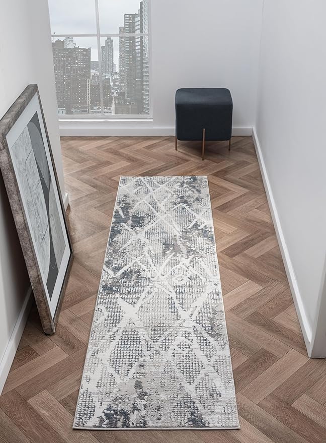 Adel Modern Runner Rug for Kitchen, 2x7 Rustic Distressed Abstract Blue Runner, Medium Pile Stain Resistant Carpet for Bedroom, Hallway or Entryway (2' x 7', Blue)