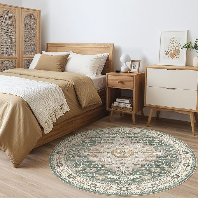 Round Rug Living Room Rugs: 8x8 Washable Boho Neutral Large Circle Soft Indoor Distressed Stain Resistant Floor Farmhouse Carpet for Bedroom Nursery Kids Playroom Office Dining Room Dorm- Green