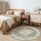 Round Rug Living Room Rugs: 5x5 Washable Boho Neutral Large Circle Soft Indoor Distressed Stain Resistant Floor Farmhouse Carpet for Bedroom Nursery Kids Playroom Office Dining Room Dorm- Green