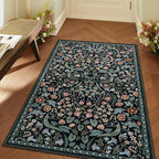 Lahome Floral 3x5 Entryway Rug, Soft Washable Bedroom Area Rugs, Botanical Non-Slip Small Black Carpet for Bedside, Entrance, Dorm, Nursery, Living Room