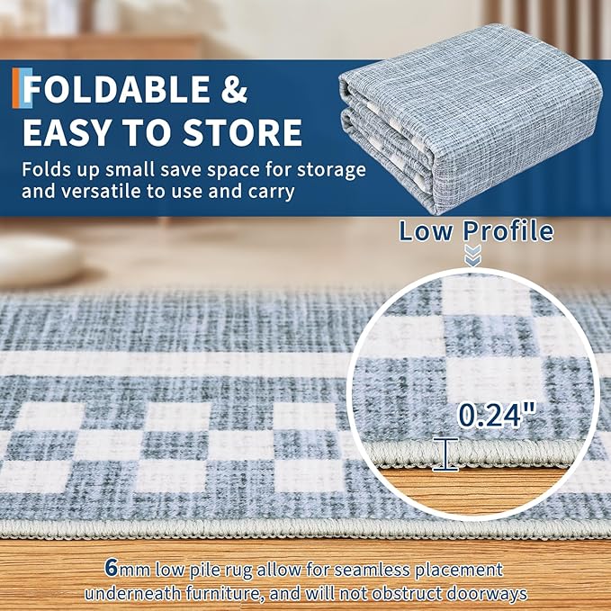 GarveeHome 5x7 Washable Area Rug for Bedroom Living Room Non Slip Modern Bordered Throw Rugs Low Pile Soft Checkered Dining Room Area Rugs Geometric Throw Carpet for Kitchen Nursery Office, Blue