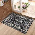 GarveeHome 2x3 Floral Rugs for Entryway, Non-Slip Soft Vintage Throw Door Mat, Low Pile Foldable Farmhouse Carpet, Non-Shedding Indoor Washable Small Rug for Bedroom Kitchen, Black