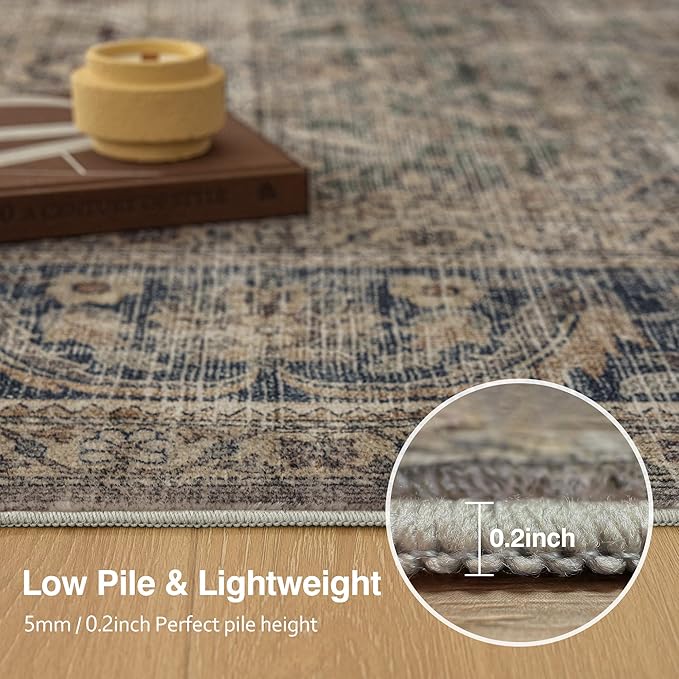 Fmfunctex 5x7 Washable Area Rug Neutral Vintage Brown Distressed Non Slip Low Pile Retro Indoor Carpet for Living Room Bedroom Soft Mat Throw Rug for Dining Office Kitchen Dorm Nursery Entryway, Multi
