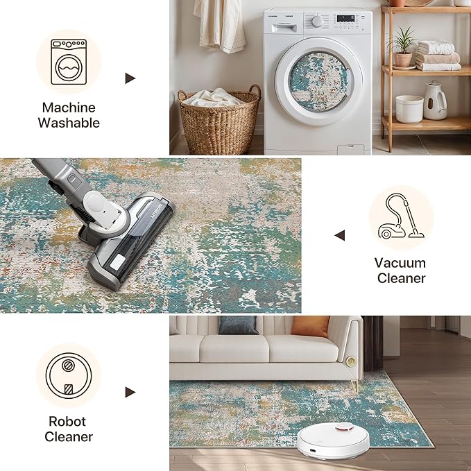 GENIMO 6x9 Area Rugs for Living Room, Machine Washable Rug Non Slip, Low Pile Ultra-Thin Lightweight Large Carpet, Abstract Modern Rugs for Bedroom, Dining Room, Office, Nursery, Teal/Beige