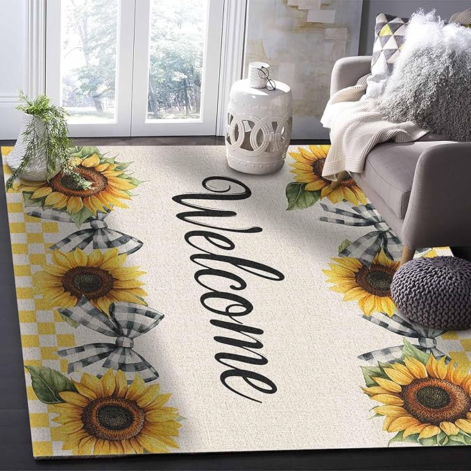 Summer Sunflowers Rectangular Welcome Area Rugs for Living Room Bedroom 4 x 6 ft Bow Tie Plaids Non-Shedding Soft Low Pile Rug Rustic Linen Non Slip Washable Rug for Nursery Entryway Playroom