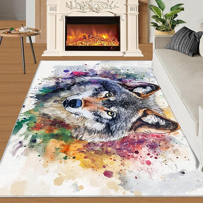 Wolf Rugs for Bedroom - 3x5 Area Rug - Graffiti Wolf Rugs for Living Room, Abstract 3D Animal Graffiti Rug, Washable Home Decor Carpet