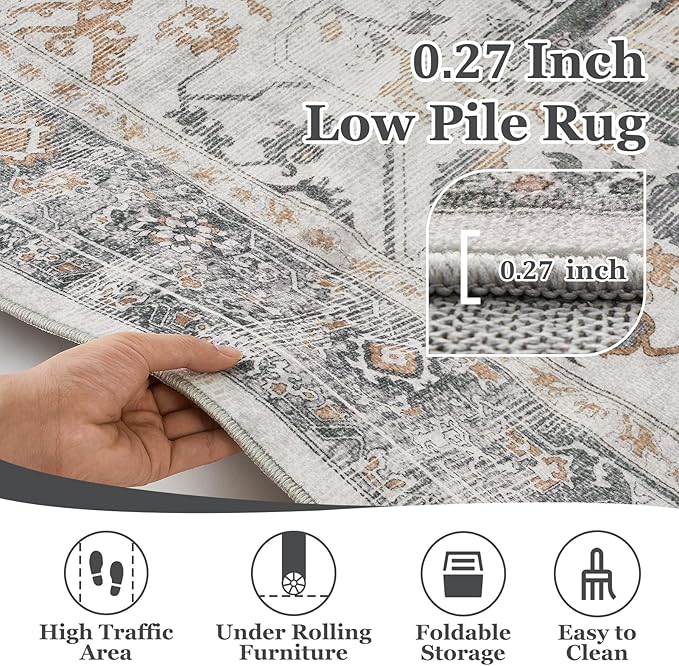 Farmhouse 6x9 Area Rugs for Living Room, Low Pile Thin Washable Non Slip Rugs for Bedroom Dining Room, Distressed Medallion Printed Soft Carpet for Home Office Guest Room, Grey/Orange-Brown