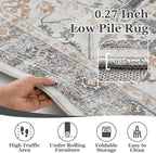Large Farmhouse Area Rugs 9x12 for Living Room, Distressed Medallion Printed Big Carpet Rugs for Bedroom Under Bed, Washable Non Slip Low Pile Thin Rugs for Dining Room, Grey/Orange-Brown