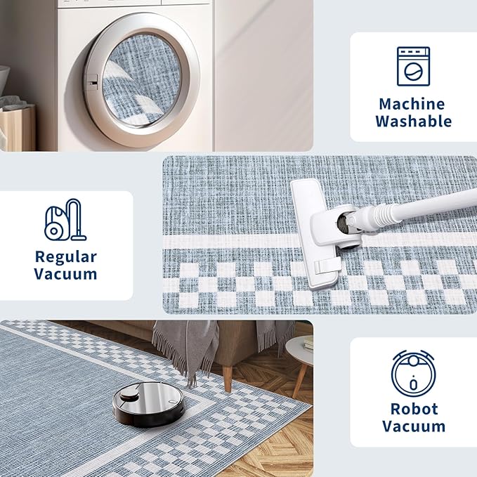 GarveeHome Washable Area Rugs 10x13 Non Slip Soft Large Living Room Rug Modern Checkered Bedroom Rug Soft Geometric Bordered Throw Carpet for Dining Room Home Decor Office Nursery, Blue